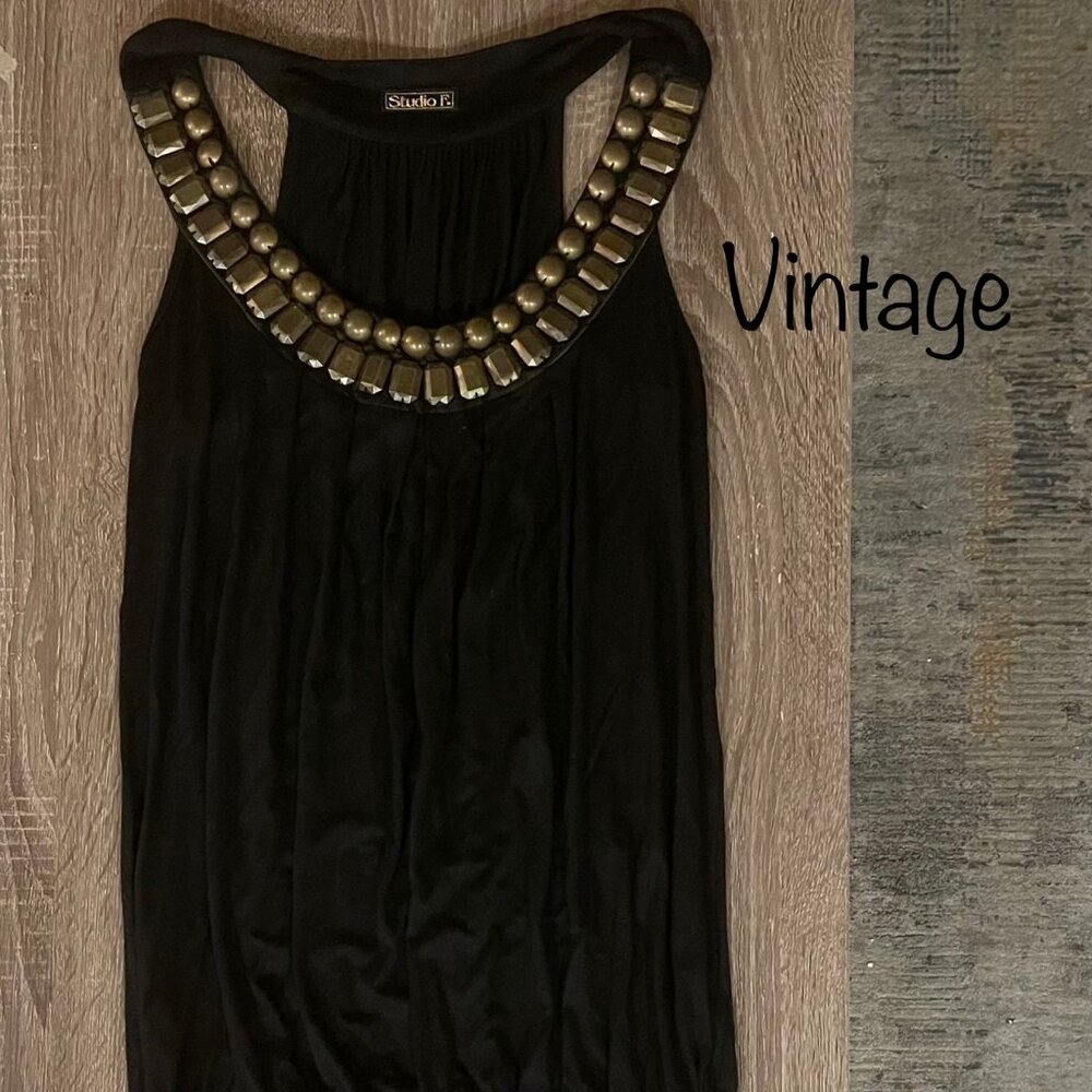 Black party dress, short, bronze decorations around neck